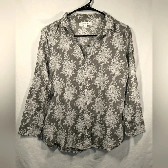 Eden & Olivia Anthropology long sleeve blouse, semi sheer, size S ,  gray/white - Picture 1 of 10